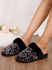 preiswerte Damenslipper &amp; Flip-Flops-Schwarze, mit Pailletten und Fell gefütterte Damen-Hausschuhe mit mehrfarbigem Glitzer und bequemer Sohle – ideal für Luxus und Wärme in Innenräumen