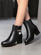 baratos Botas de tornozelo-botins femininos pretos - couro sintético com forro de pelúcia, zíper lateral e salto bloco para moda de inverno e uso casual