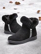 baratos Botas de neve e inverno-botins femininos de camurça bordô com punho de pele sintética e sola antiderrapante – calçados quentes de inverno para uso casual e ao ar livre
