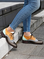 economico Scarpe oxford da donna-scarpe oxford brogue multicolor da donna con motivo a chevron e pannelli in similpelle a contrasto – ballerine stringate di ispirazione vintage
