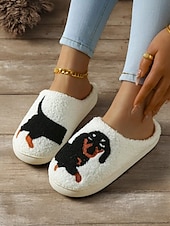 economico Ciabatte e infradito da donna-pantofole da donna con ricamo a forma di bassotto – calde scarpe da interno foderate in pile per gli amanti dei cani