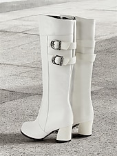 abordables Bottes à la mode-bottes blanches hautes pour femmes avec détail à double boucle – bottes à talon bloc élégantes pour les tenues d&#039;hiver et décontractées