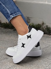 economico Sneakers da donna-sneakers da donna bianche con plateau e ricamo a farfalla | scarpe casual con lacci per tutti i giorni