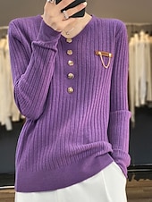 economico Colori solidi-Per donna Pullover Maglione Moda Informale Morbido Tinta unica A coste A V Bottoni Manica lunga Top regolari Maglia Esterno Giornaliero Per uscire Nero Bianco Autunno Inverno