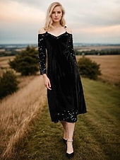 economico vestito da festa-Abito midi in velluto con spalle scoperte e scollo a V