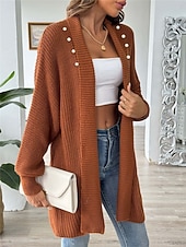 billiga Öppen front cardigan-Dam Tröja Kofta Ledigt Mjukt Ren färg Ribbad Öppen front Pärlor Stickat Långärmad Långa toppar Sticka Utomhus Dagligen Helgen Svart Blå Höst Vinter