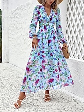 cheap Casual Floral Dresses-Women&#039;s Floral V Neck Maxi Dress Long Sleeve Summer Spring