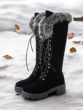baratos Botas de neve e inverno-botas femininas de camurça sintética com cadarço até o joelho e punhos de pele sintética – calçados de inverno estilosos com sola grossa