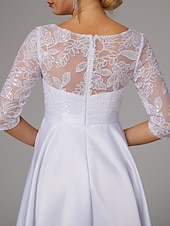 economico Abiti bianchi-Abiti da sposa abito A-Line collo a barca maniche lunghe asimmetrico abiti da sposa in satin con pieghe mono colore