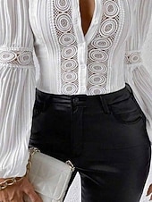 preiswerte Elegante Oberteile-Damen Hemd Bluse Feste Farbe Basic Brautkleider schlicht Langarm V Ausschnitt Normale Oberteile Täglich Spitze Patchwork Knopf Weiß Sommer Frühling Herbst