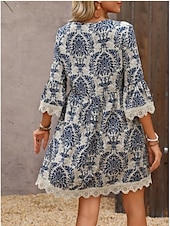 preiswerte Ausgefallene Kleider-Damen Minikleid Casual kleid Boho-Kleid Brautkleider schlicht Täglich Regular Fit Blumen 3/4 Ärmel V Ausschnitt Wein Blau Grün Sommer Frühling Herbst