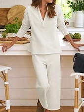 cheap Sets-Women&#039;s Linen-Inspired Sets Two Piece Sets Blouse Chinos Long Sleeve Solid Color Navy Blue Green Beige Fall Regular Fit