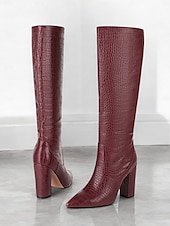 preiswerte Modische Stiefel-burgunderfarbene kniehohe Stiefel mit Krokoprägung für Damen – stylische Stiefel mit spitzer Spitze und Blockabsatz für die Herbst- und Wintermode