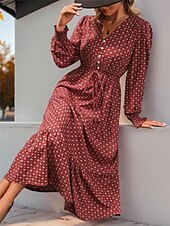abordables Robes de travail-Femme Robe mi-longue Robe casual Robe Évasée Robe Trapèze Décontractées du quotidien Standard Floral manche longue Col V Vin Printemps Automne