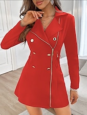 preiswerte Kleider für die Arbeit-Damen A Linie Kleid Minikleid Polyester Zip Knopf Elegant V Ausschnitt Langarm Schwarz Rote Farbe