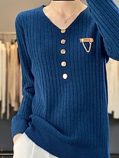 cheap Solid Colors-Women&#039;s Pullover Sweater Jumper Stylish Casual Soft Solid Color Ribbed V Neck Buttons Long Sleeve Regular Tops Knit Outdoor Daily Going out Black White Fall Winter