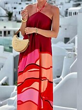 preiswerte Kleider für die Ferien-Damen Maxidress Casual kleid Schaukelkleid Brautkleider schlicht Täglich Regular Fit Farbblock Langarm Halfterhals Wein Sommer Frühling Herbst