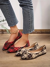 abordables Ballerines femme-ballerines à carreaux tartan rouges pour femmes – chaussures à enfiler au design noué festif pour les vacances et les tenues décontractées