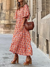 ieftine Rochii casual florale-rochie maxi dama cu decolteu in V geometric cu maneca 3/4 vara primavara