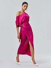 cheap Party Dress-Satin Knotted Wrap Drop Shoulder Maxi Dress