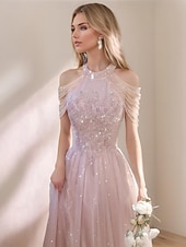 baratos Semi-formal / Cocktail-Vestidos de Formatura A-Line Vestido Vintage Formal Formatura Comprimento de Chão Sem Mangas Gola Alta Tule com Glitter e Franjas