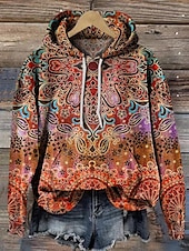 voordelige Boho Tops-dames pullover casual grafisch straat dagelijks gebruik capuchon print voorzak lange mouw oranje herfst winter