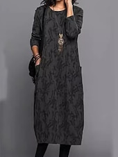 economico Abiti eleganti floreali-abito midi da donna con scollo rotondo floreale e maniche lunghe primavera autunno
