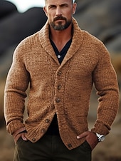 cheap Men's Cardigan Sweater-Male Cardigan Sweater Cardigan Sweater Jacket Chunky Knit Regular Buttons Solid / Plain Color Shawl Collar Clothing Apparel Fall &amp; Winter Dark Navy Brown M L XL