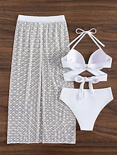 preiswerte 3-teiliges Bikini-Set-Damen Bikini 2-teiliges Schwimmbad Rock Slim Rückensfrei Urlaub Strandbekleidung Einfarbig Halterneck Ärmellose Badeanzüge