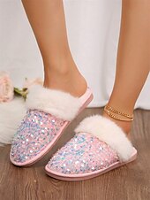 preiswerte Damenslipper &amp; Flip-Flops-Schwarze, mit Pailletten und Fell gefütterte Damen-Hausschuhe mit mehrfarbigem Glitzer und bequemer Sohle – ideal für Luxus und Wärme in Innenräumen