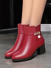 baratos Botas de tornozelo-botins femininos pretos - couro sintético com forro de pelúcia, zíper lateral e salto bloco para moda de inverno e uso casual