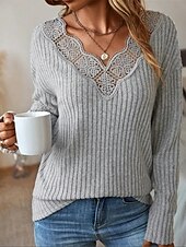 preiswerte Spitzenoberteile-Damen Hemd Bluse Feste Farbe Basic Brautkleider schlicht Langarm V Ausschnitt Normale Oberteile Täglich Spitze Patchwork Grau Herbst Winter