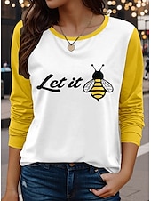 abordables T-shirt Humor &amp; Citations-Femmes T-shirt Lettre Les abeilles Occasionnel manche longue Col ras du cou Hauts Réguliers Quotidien Imprimé Jaune Printemps Automne