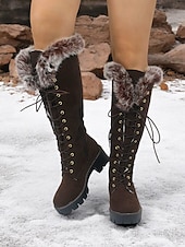 baratos Botas de neve e inverno-botas femininas de camurça sintética com cadarço até o joelho e punhos de pele sintética – calçados de inverno estilosos com sola grossa