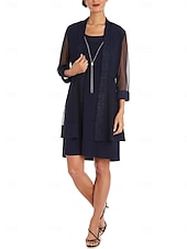 preiswerte Mit Jacke-Sheath  Säulen Kleid Strandhochzeitsanzug Mutter der Braut Kleid Eleganter Vintage Schmuckhals Knielang Chiffon 3/4 Länge Ärmeln Jacke Kleider mit Band  Schleife Einfarbig
