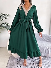 abordables Robe de cocktail-Robe casual Robe Évasée Robe Trapèze Femme Robe mi-longue Patchwork Avec ceinture Sport &amp; Loisir Plein Air Décontractées Col V manche longue Standard Noir Vin Vert S M L XL