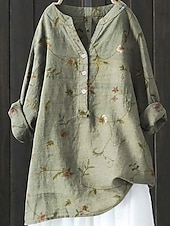 economico Camicie Finte Essenziali-Per donna Camicia Finto cotone e lino Manica Lunga Scollo a V Giallo Verde Primavera Autunno