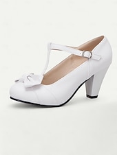 billiga 1950-talet-svarta t-bandklackar för kvinnor med rosettdetalj - vintageinspirerade chunky pumps för kontor, fester eller högtidliga tillfällen