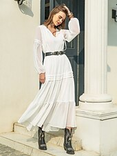 billige Hvite fritidskjoler-kvinners maxi hvit kjole fritidskjole boho kjole ensfarget vintage casual daglig date ferie patchwork lagdelt langermet v-hals kjole normal passform hvit høst vinter s m l xl