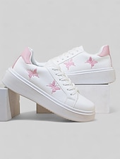 economico Sneakers da donna-sneakers da donna bianche con plateau e ricamo a farfalla | scarpe casual con lacci per tutti i giorni