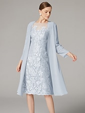 economico Con giacca-Abito a Due Pezzi Mother of the Bride Elegante Collo Gioiello Lunghezza al Ginocchio in Chiffon pizzo Maniche a Tre Quarti Inclusa la Giacca con Applicazioni in Perline Abito per la Giornata delle