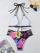 voordelige Bikinisets-Dames Zwemkleding Bikini 2 stuks Brutaal Zwempak Blote rug Uitknippen Slank Vakantie Strand Kleding Bloemig Halternek Mouwloos Badpakken