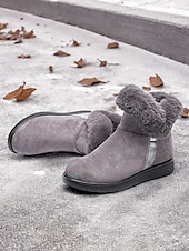 baratos Botas de neve e inverno-botins femininos de camurça bordô com punho de pele sintética e sola antiderrapante – calçados quentes de inverno para uso casual e ao ar livre