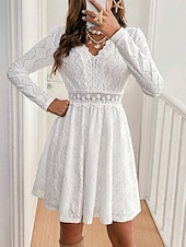 voordelige Witte kanten jurken-Dames Witte jurk Mini-jurk Kant Lapwerk Casual V-hals Lange mouw Wit Kleur