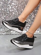 billige Sneakers til kvinner-svarte slip-on joggesko for kvinner med glitterpynt og plattformsåle – stilige fritidssko for hverdagsbruk