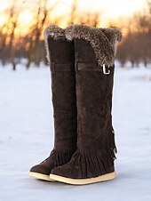 baratos Botas de neve e inverno-Botas de inverno femininas de camurça verde mocassim com forro de pele e detalhes de franjas – botas de neve confortáveis na altura do joelho para o tempo frio