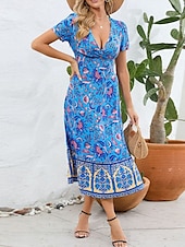 abordables Robes Bohémiennes-Femme Robe mi-longue Robe casual Robe Évasée Robe Trapèze robe boheme Bohême Décontractées du quotidien Standard Floral Manche Courte Col V Rouge Bleu Fuchsia Eté Printemps