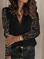 economico Top in Pizzo-Top in pizzo bianco elegante da donna camicetta di pizzo abbigliamento solidale e casual top regolari a maniche lunghe scollo a V patchwork in pizzo vestibilità regolare top romantici da indossare