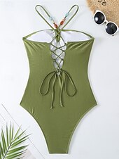 cheap One-piece swimsuits-Women&#039;s Swimwear One Piece 2 Piece Monokini Skirt Swimsuit Backless Tummy Control High Waist Slim Vacation Beach Wear Leaves Halter Neck Sleeveless Bathing Suits