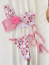 billiga Bikiniset-Dam Badkläder Bikini 2 st Kaxig Baddräkt Öppen rygg Smal Semester Standkläder Blommig Halterneck Ärmlös Baddräkter